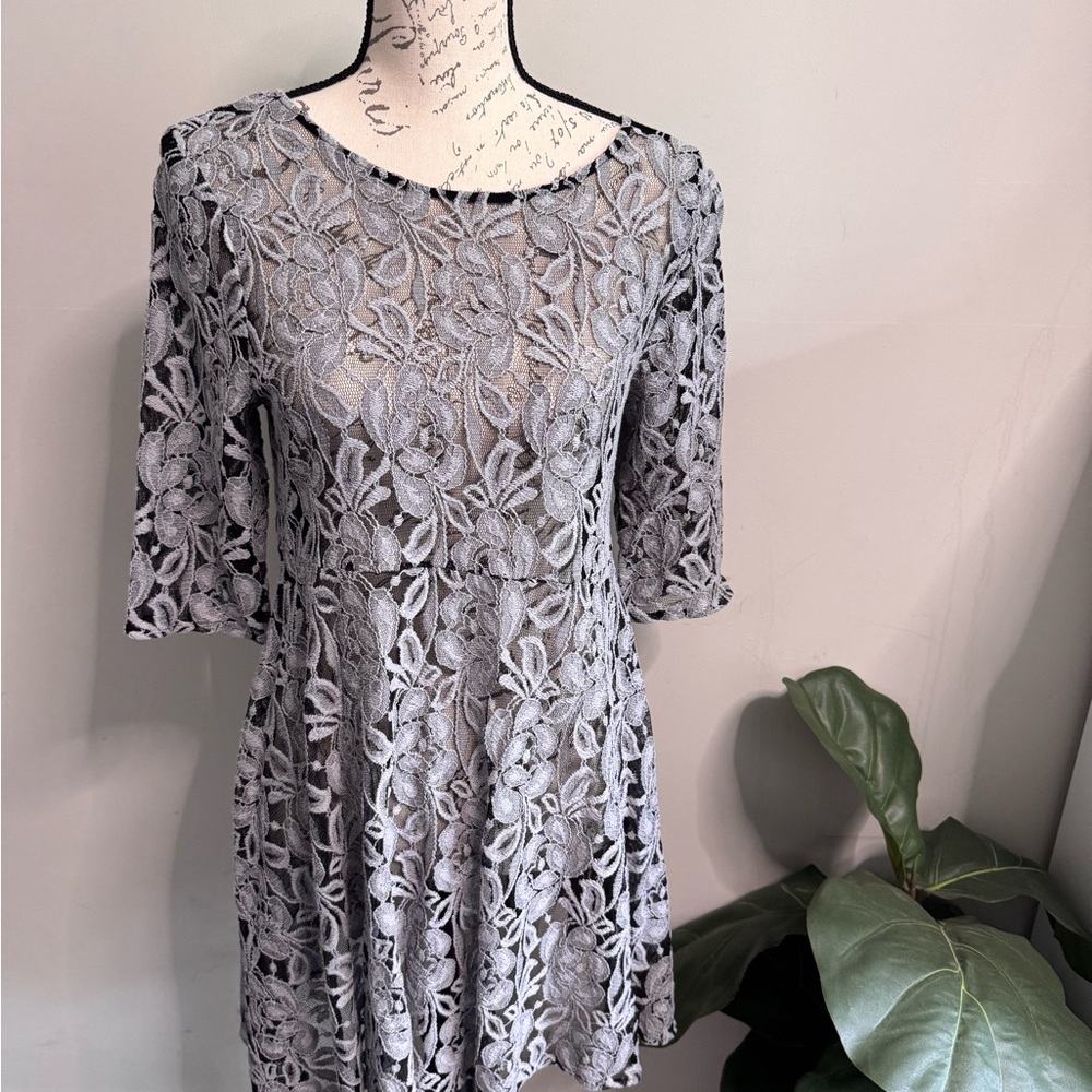 Free People Lace Dress Medium Sheer Floral Boho Mini Short Sleeve